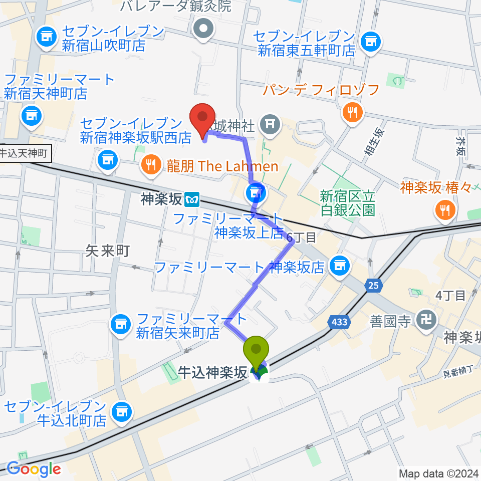 牛込神楽坂駅から大洋レコードへのルートマップ地図