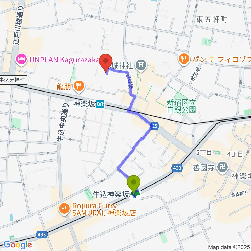 牛込神楽坂駅から大洋レコードへのルートマップ地図