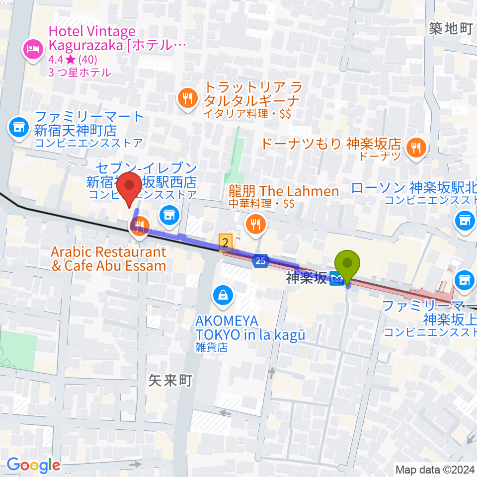 神楽坂マッシュレコードの最寄駅神楽坂駅からの徒歩ルート（約4分）地図