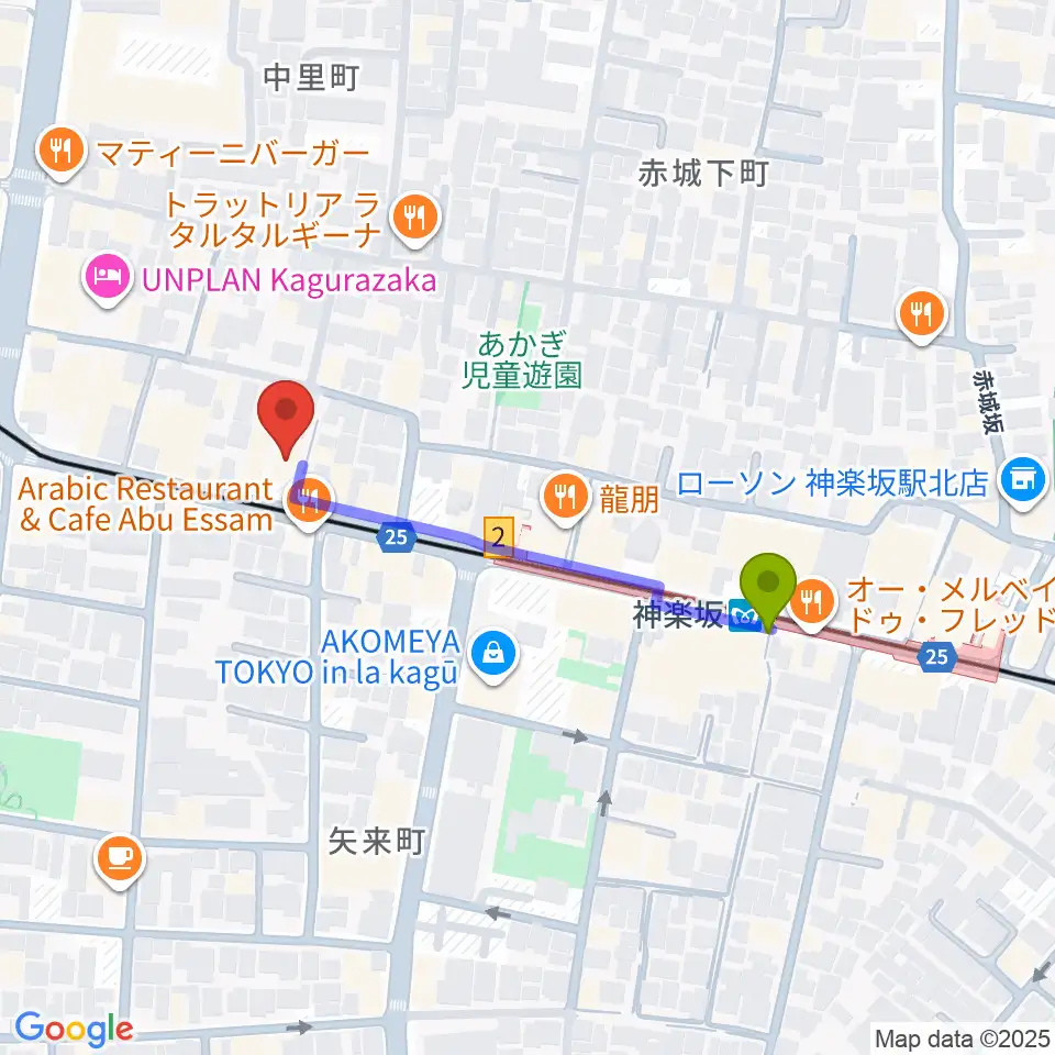 神楽坂マッシュレコードの最寄駅神楽坂駅からの徒歩ルート（約4分）地図