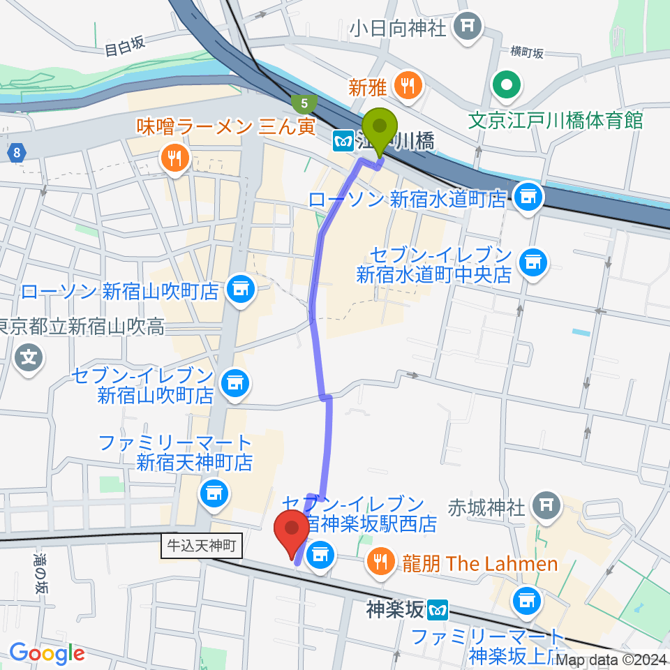 江戸川橋駅から神楽坂マッシュレコードへのルートマップ地図