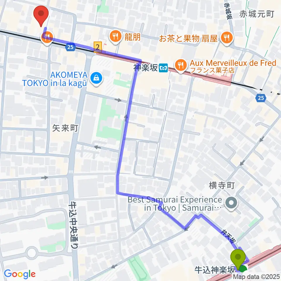 牛込神楽坂駅から神楽坂マッシュレコードへのルートマップ地図