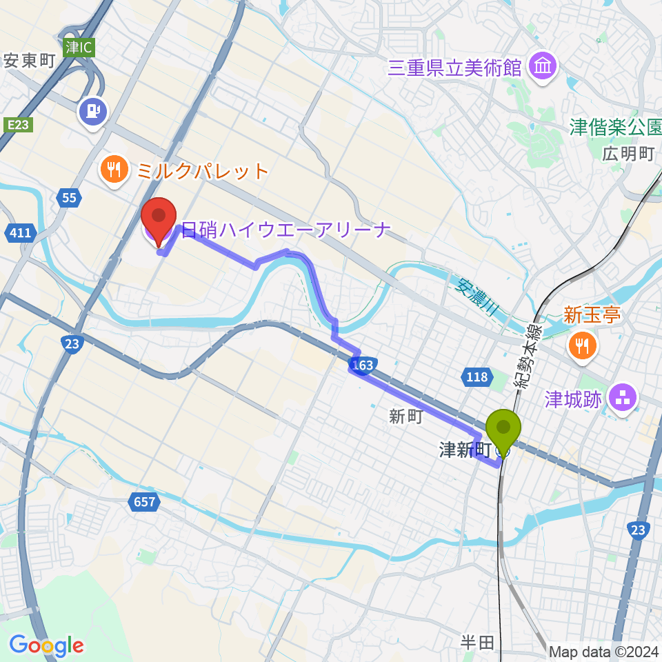 日硝ハイウエーアリーナの最寄駅津新町駅からの徒歩ルート（約38分）地図