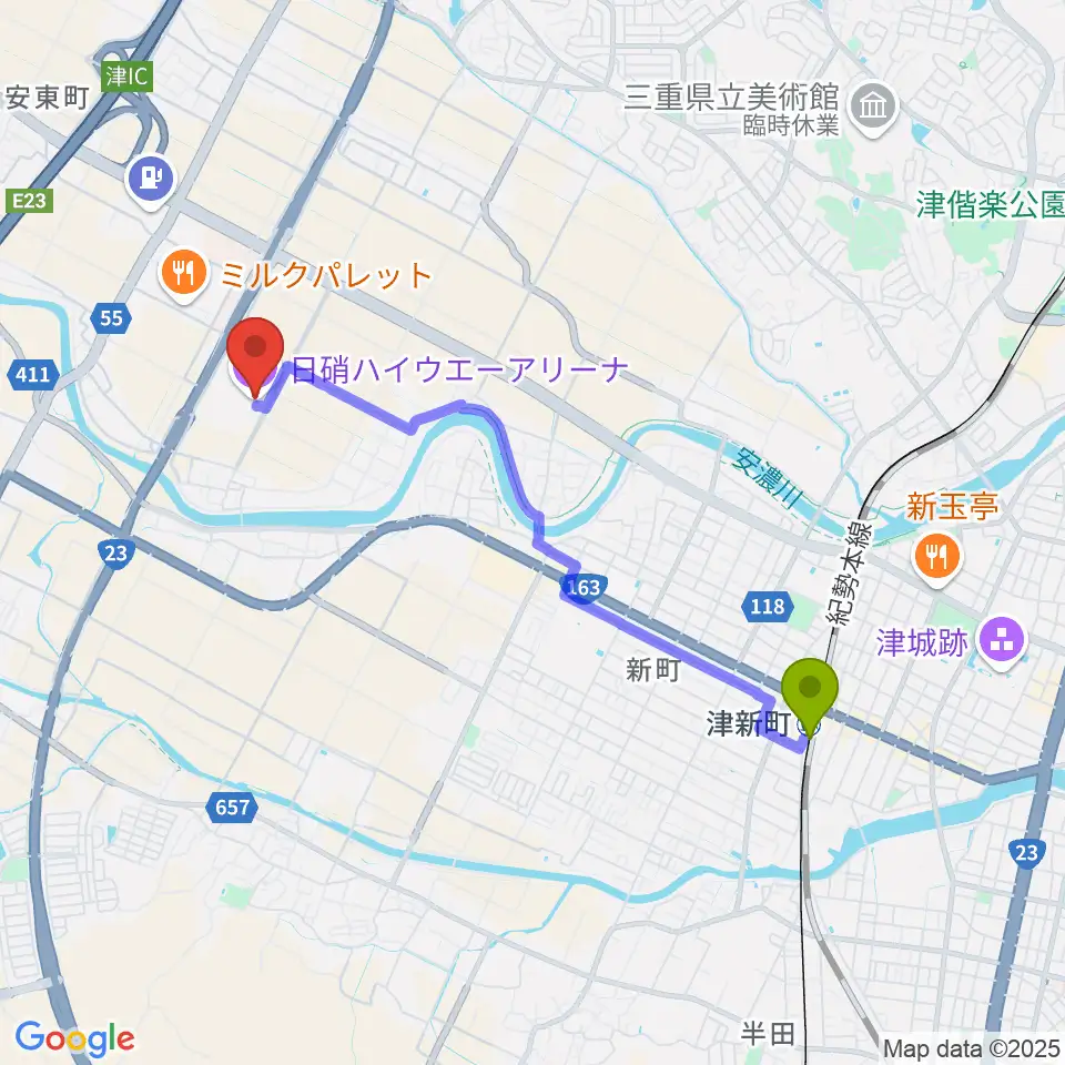 日硝ハイウエーアリーナの最寄駅津新町駅からの徒歩ルート（約38分）地図