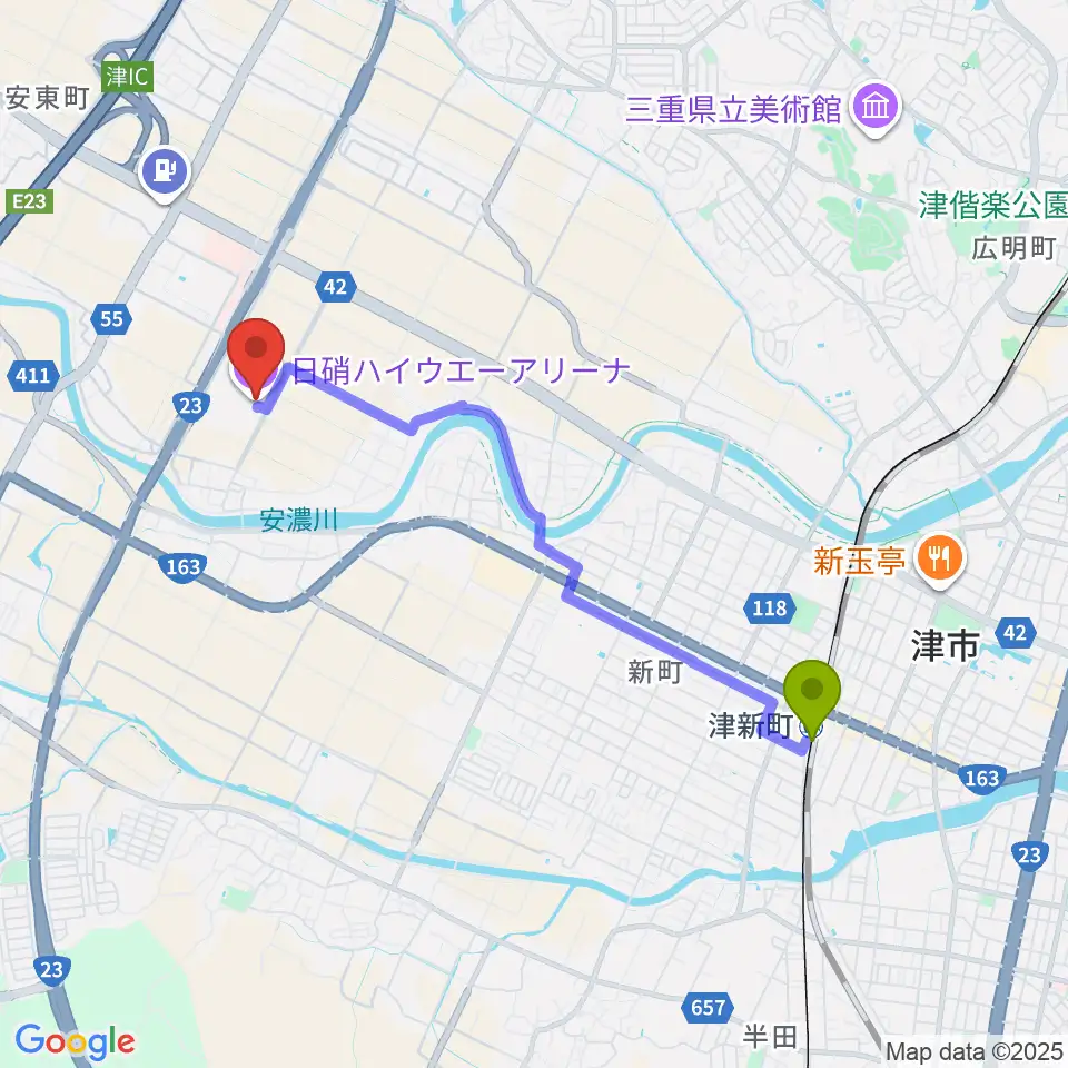 日硝ハイウエーアリーナの最寄駅津新町駅からの徒歩ルート（約38分）地図