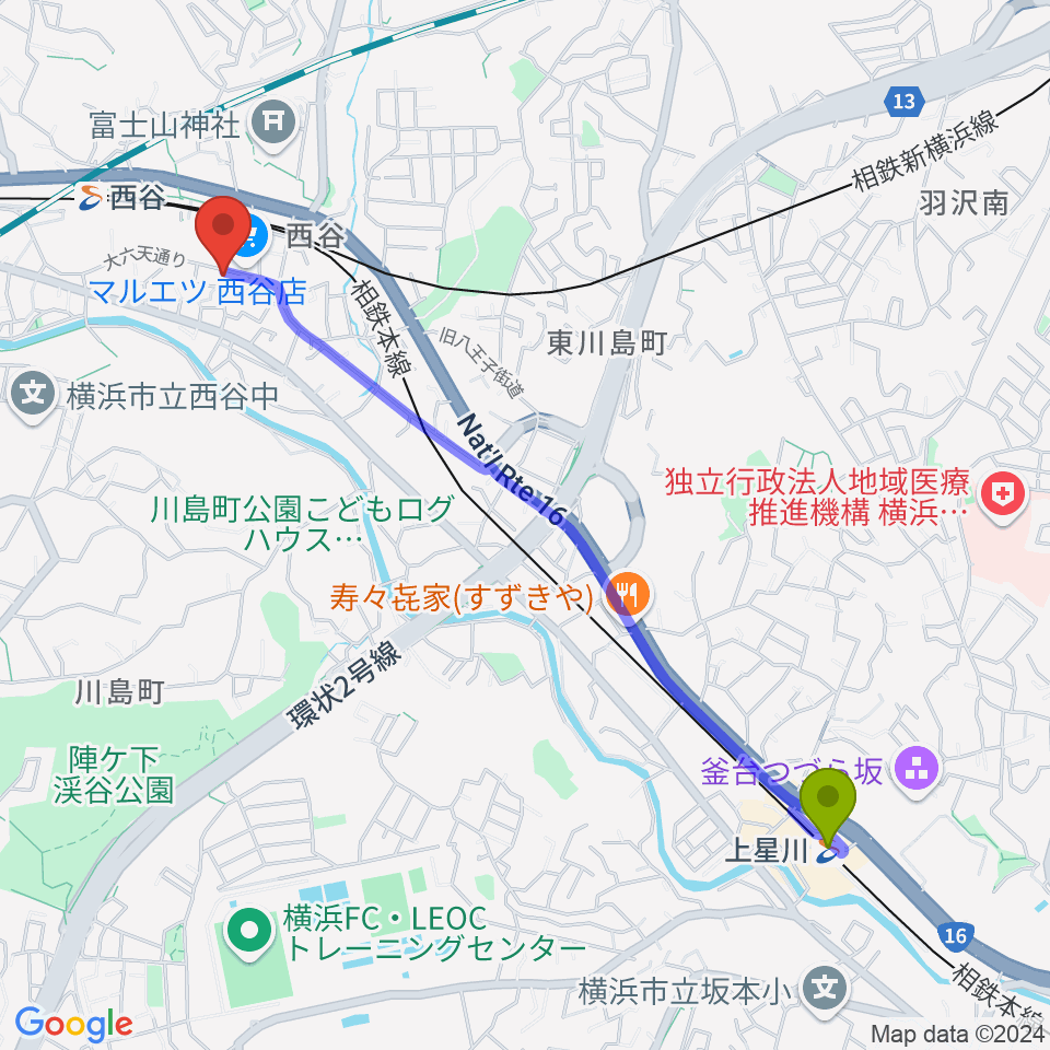 上星川駅から西谷音楽教室へのルートマップ地図