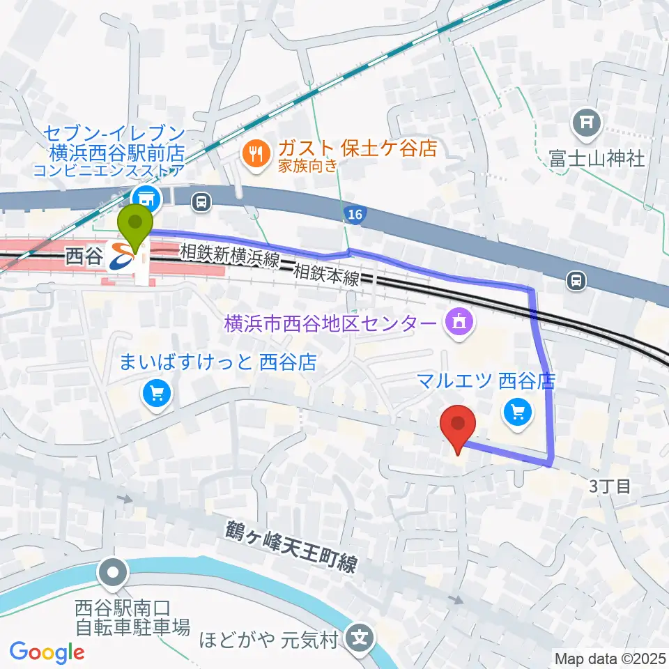 西谷音楽教室の最寄駅西谷駅からの徒歩ルート（約4分）地図