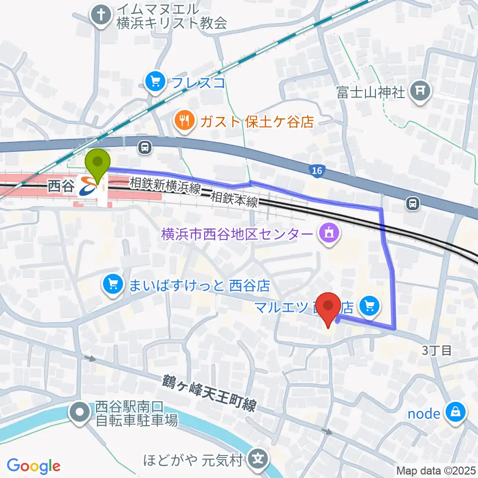 西谷音楽教室の最寄駅西谷駅からの徒歩ルート（約4分）地図