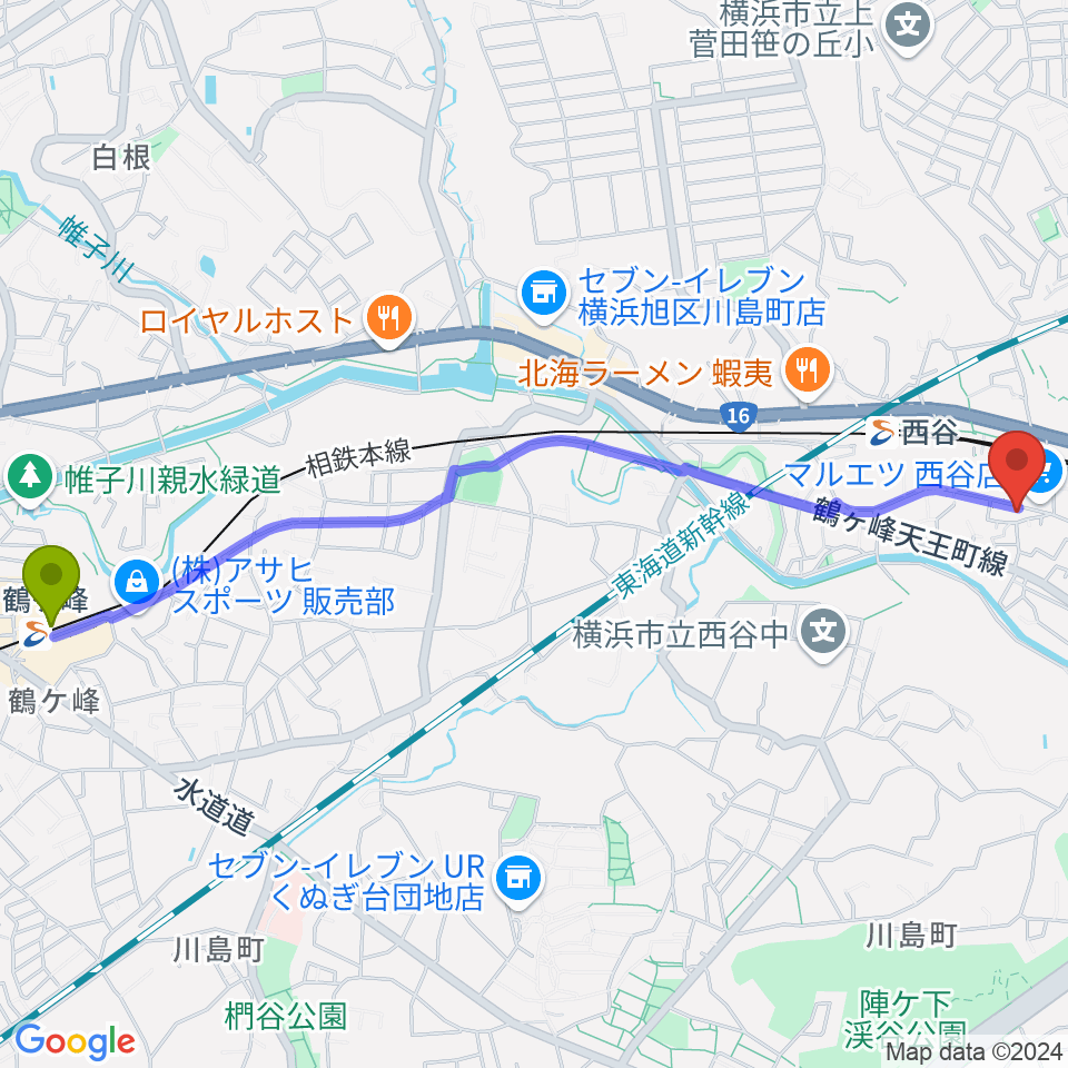 鶴ヶ峰駅から西谷音楽教室へのルートマップ地図