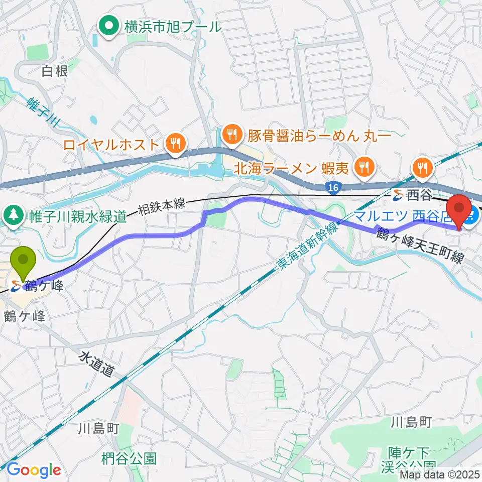鶴ヶ峰駅から西谷音楽教室へのルートマップ地図