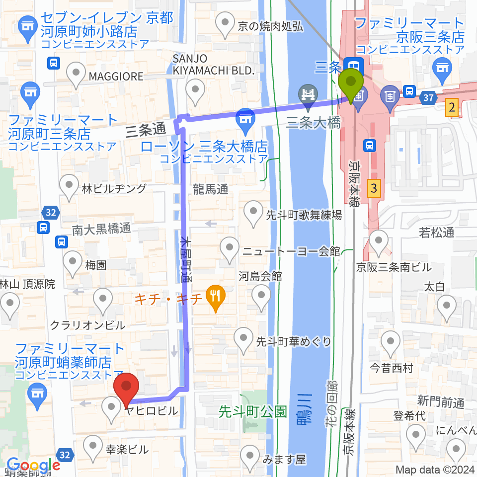 三条駅からsomeno kyotoへのルートマップ地図