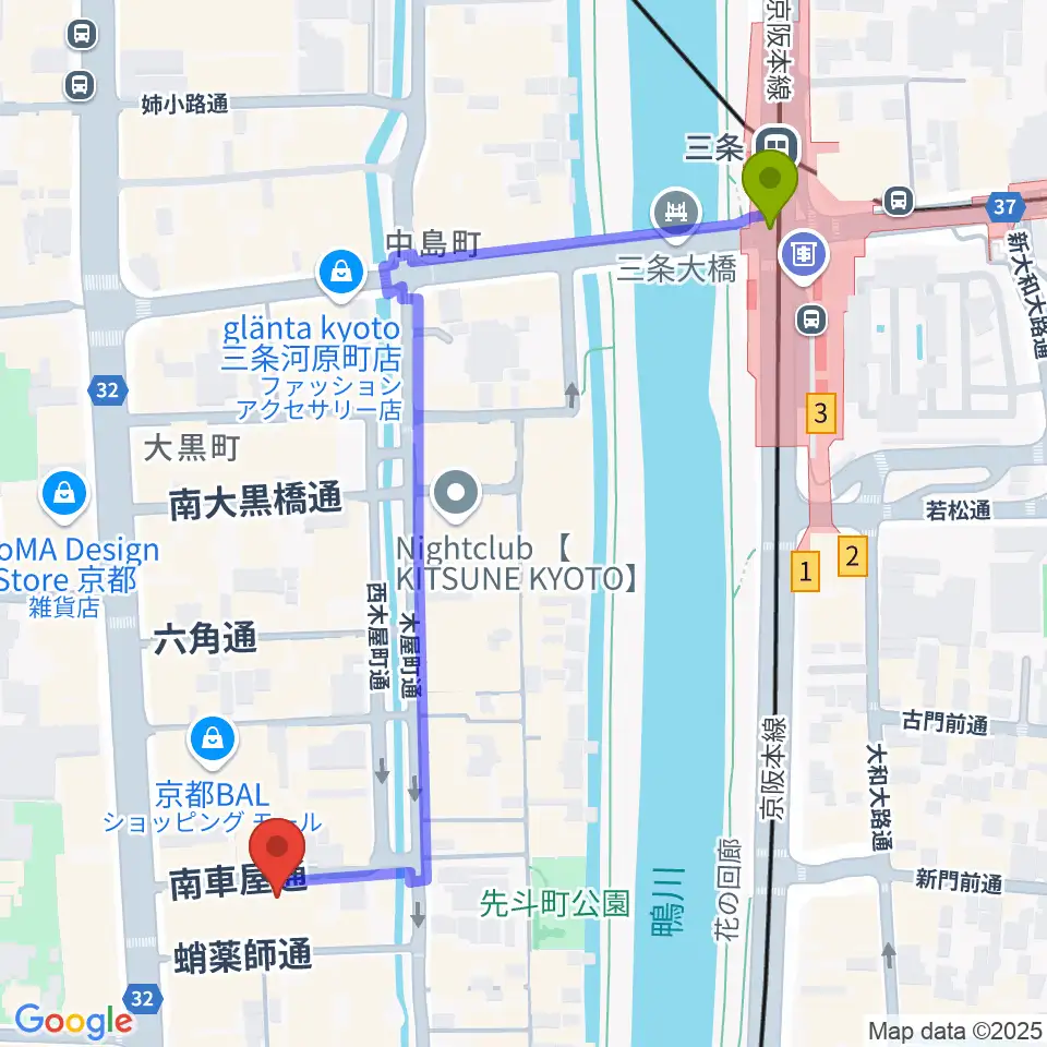 三条駅からsomeno kyotoへのルートマップ地図