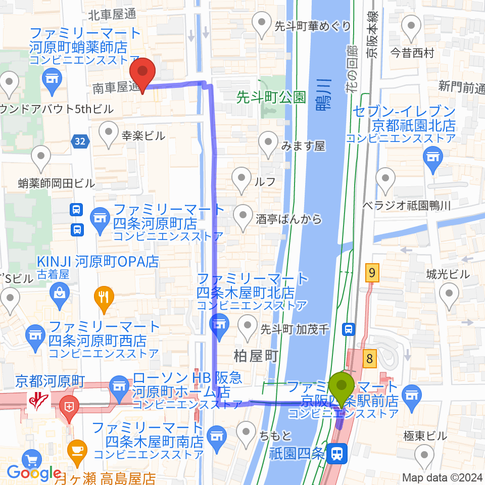 someno kyotoの最寄駅祇園四条駅からの徒歩ルート（約6分）地図