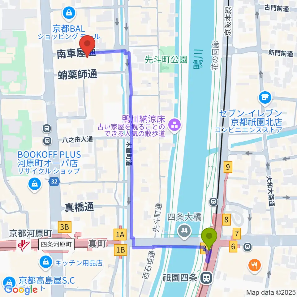 someno kyotoの最寄駅祇園四条駅からの徒歩ルート（約6分）地図