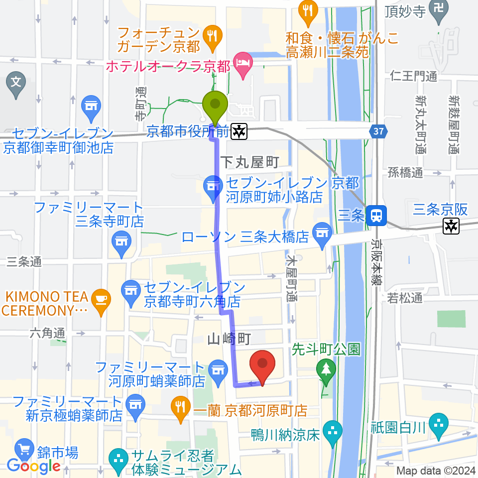 京都市役所前駅からsomeno kyotoへのルートマップ地図