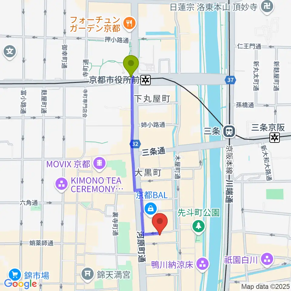 京都市役所前駅からsomeno kyotoへのルートマップ地図
