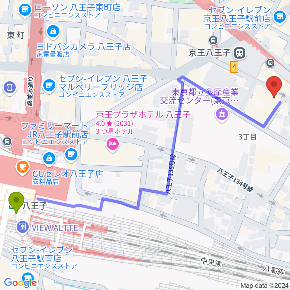 八王子駅からスタジオネイへのルートマップ地図