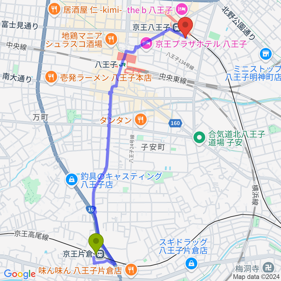 京王片倉駅からスタジオネイへのルートマップ地図