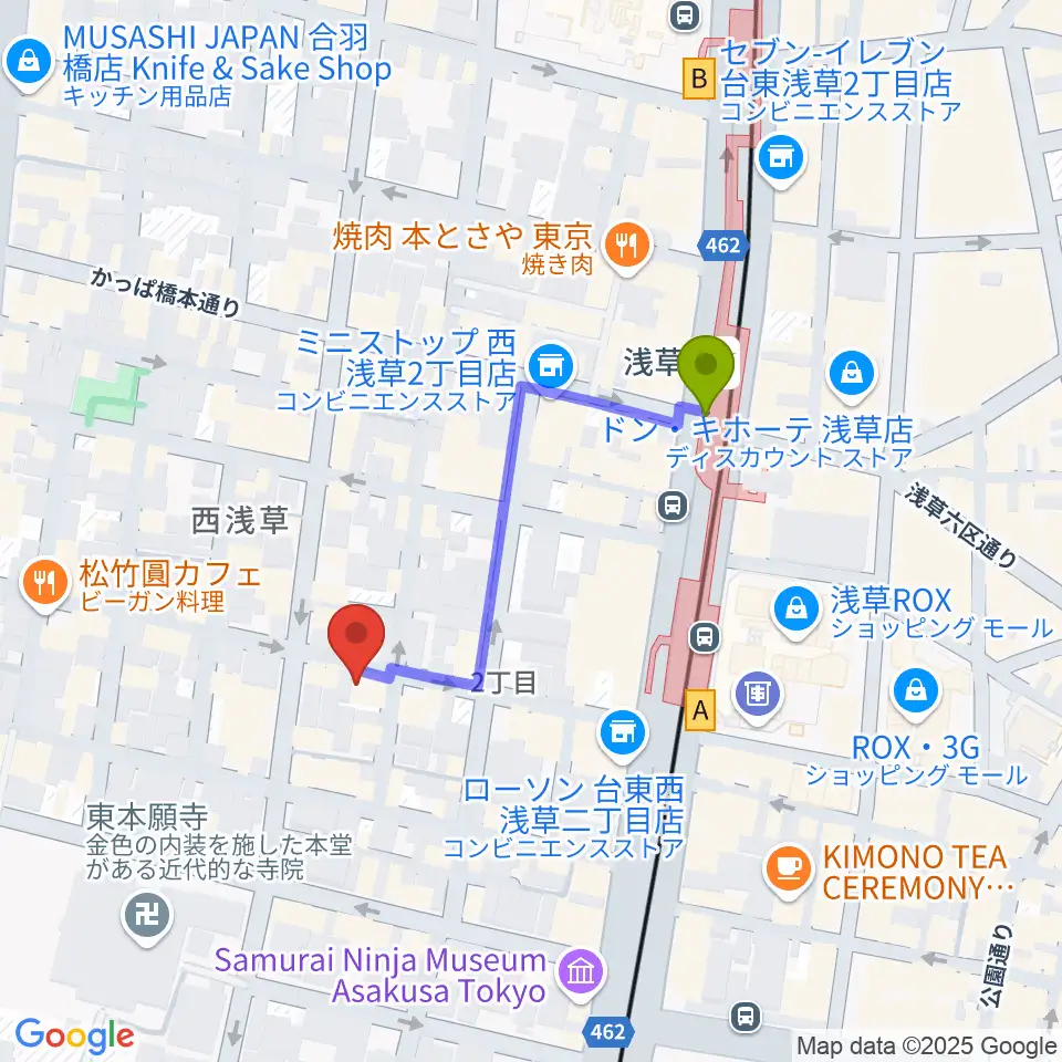 西浅草マルスの最寄駅浅草駅からの徒歩ルート（約3分）地図