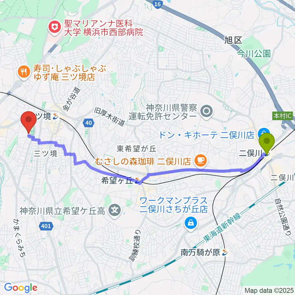 二俣川駅から横浜市瀬谷公会堂へのルートマップ地図