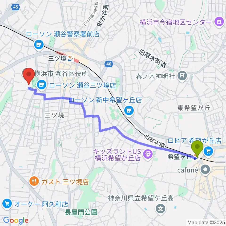 希望ヶ丘駅から横浜市瀬谷公会堂へのルートマップ地図