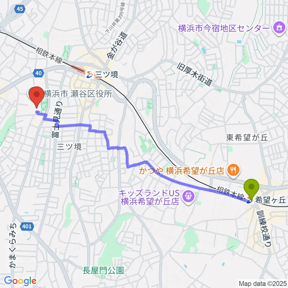 希望ヶ丘駅から横浜市瀬谷公会堂へのルートマップ地図