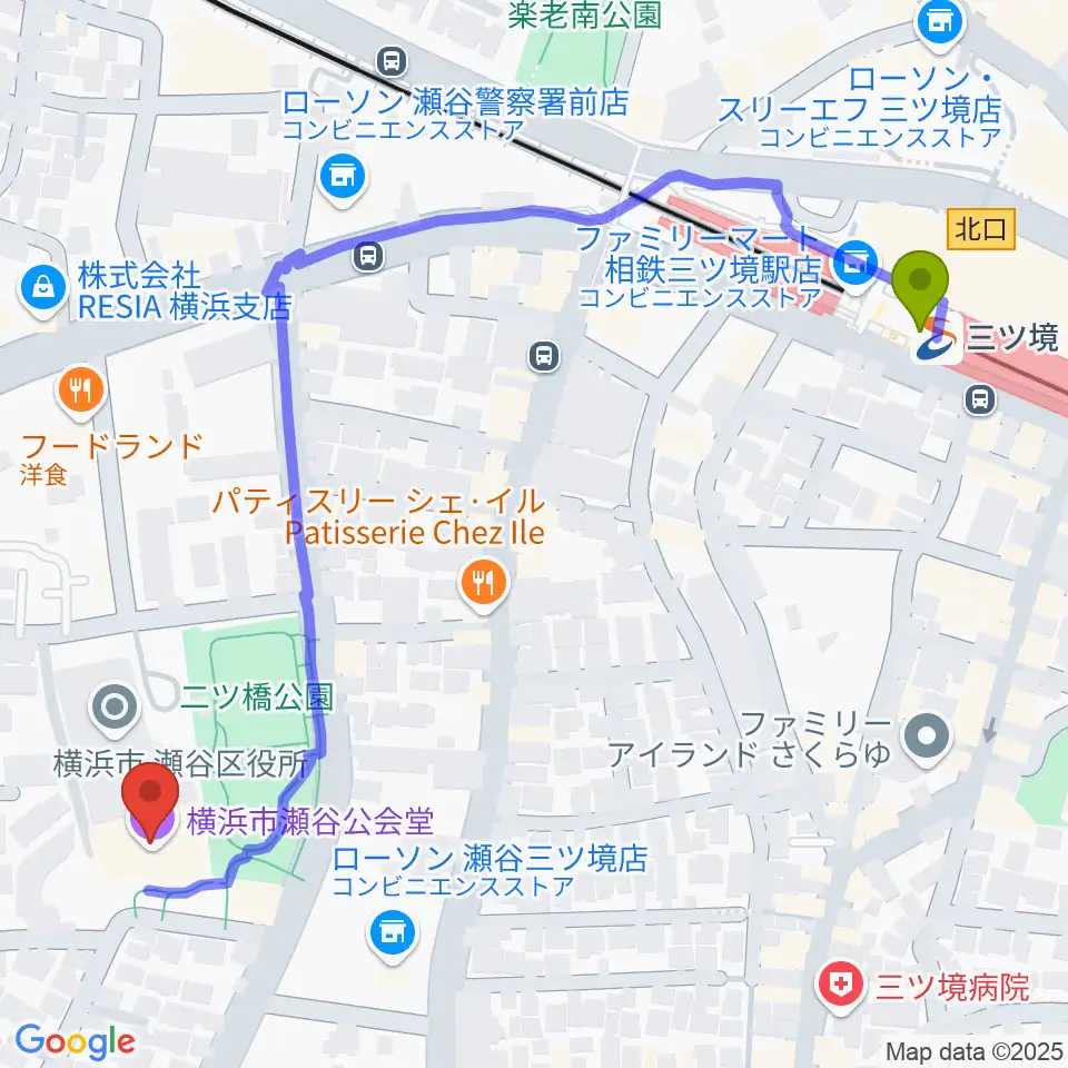 横浜市瀬谷公会堂の最寄駅三ツ境駅からの徒歩ルート（約7分）地図