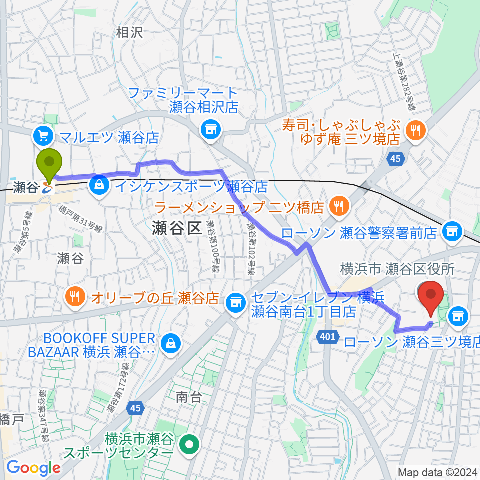 瀬谷駅から横浜市瀬谷公会堂へのルートマップ地図