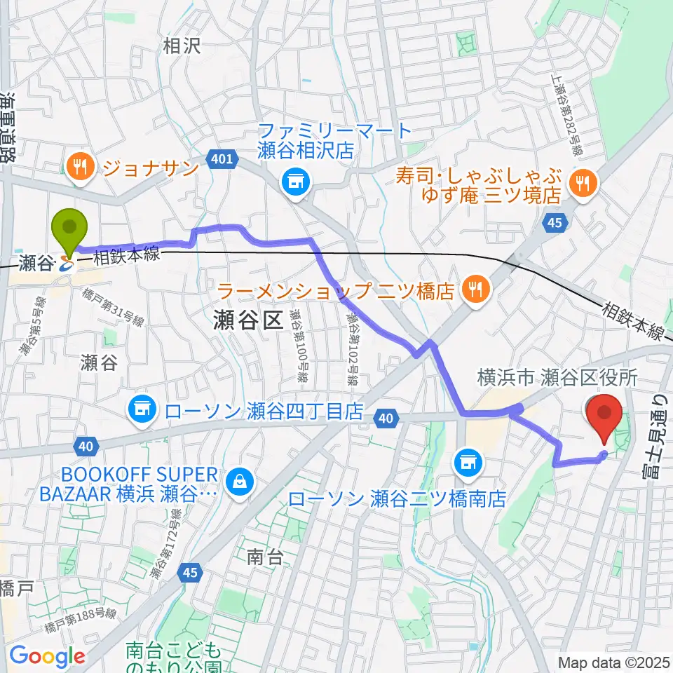 瀬谷駅から横浜市瀬谷公会堂へのルートマップ地図