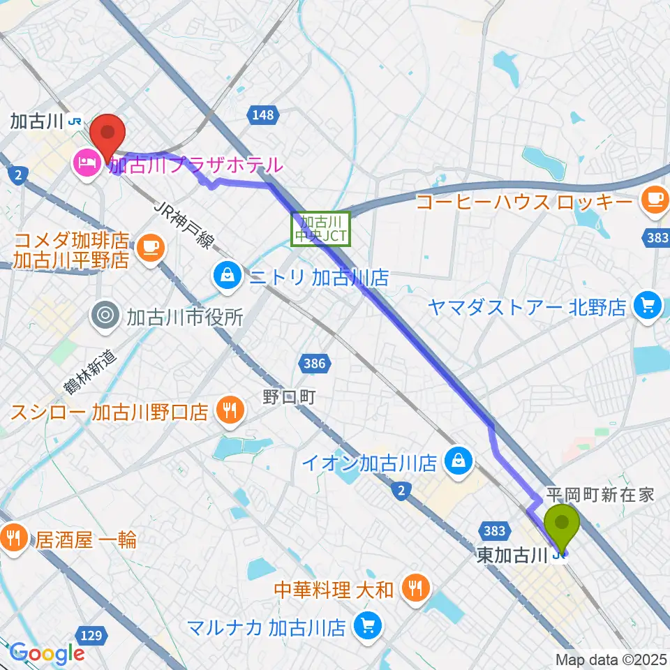 東加古川駅からSoulfunktion Guitar Schoolへのルートマップ地図