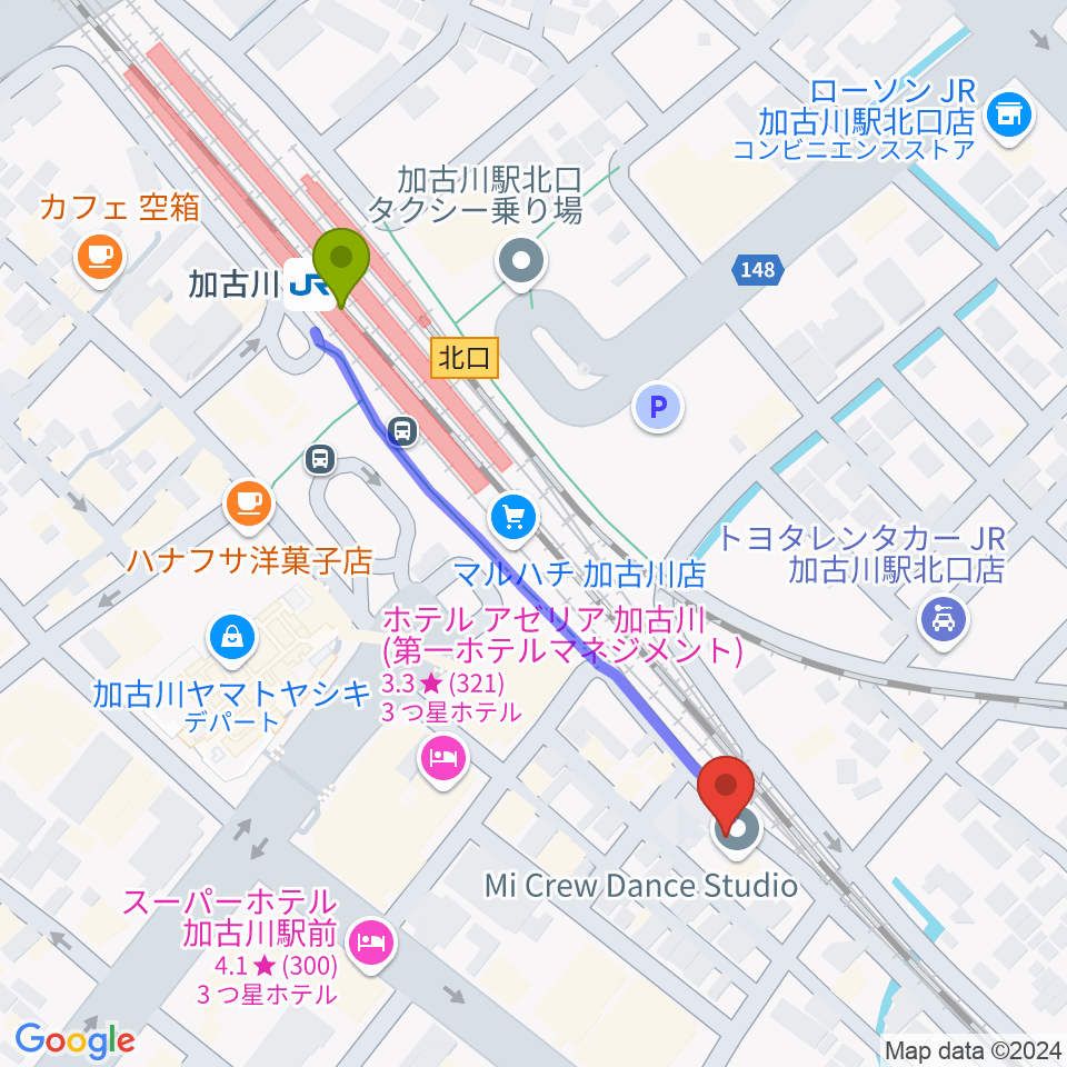 Soulfunktion Guitar Schoolの最寄駅加古川駅からの徒歩ルート（約5分）地図