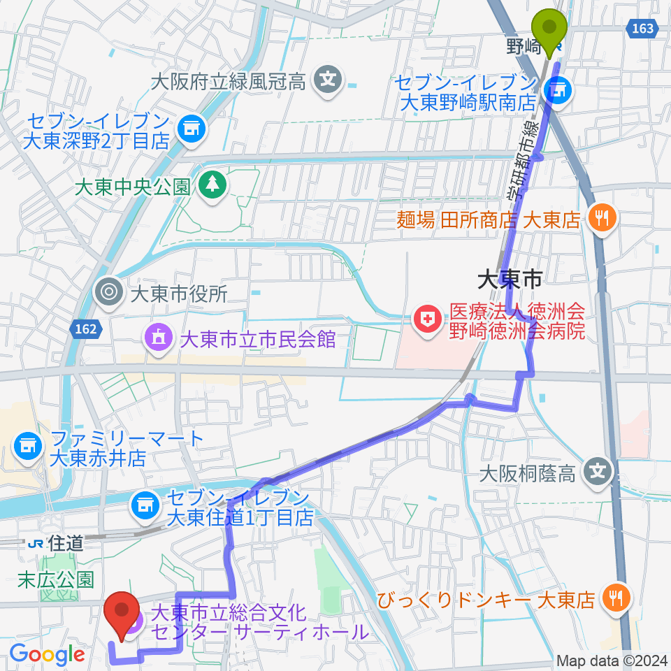 野崎駅から大東市立文化ホール サーティホールへのルートマップ地図