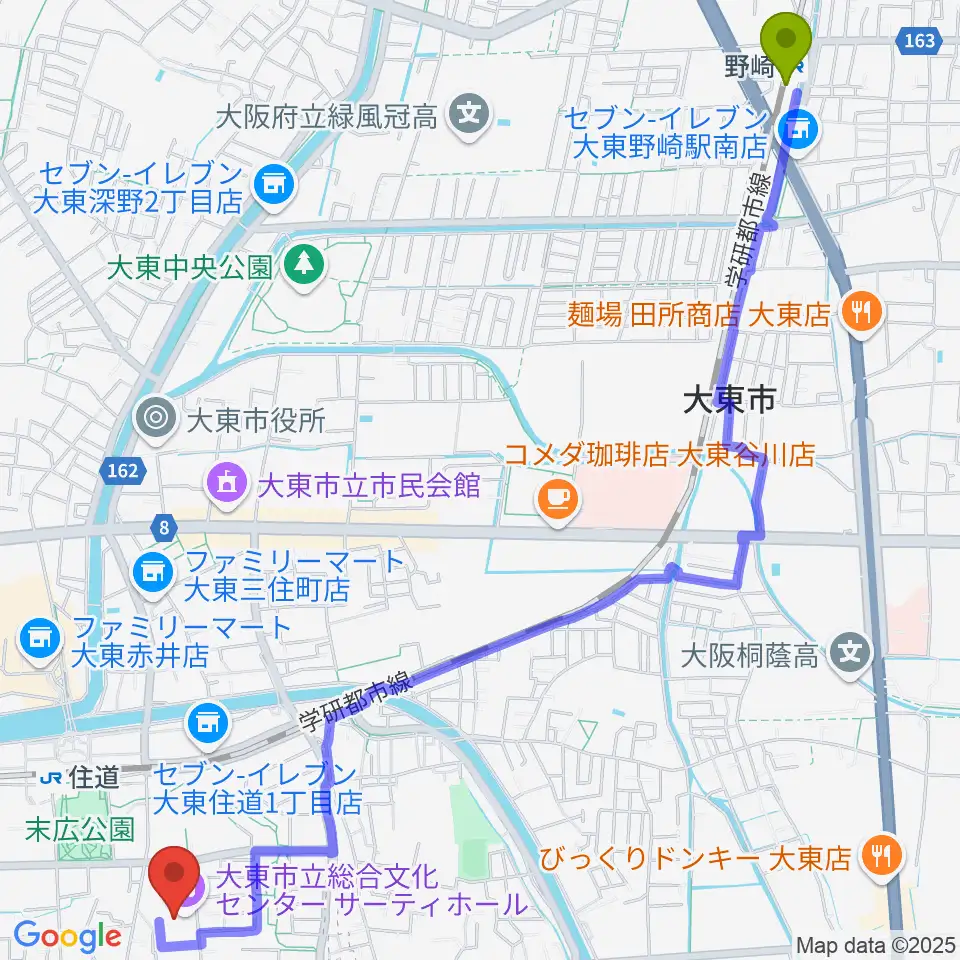 野崎駅から大東市立文化ホール サーティホールへのルートマップ地図