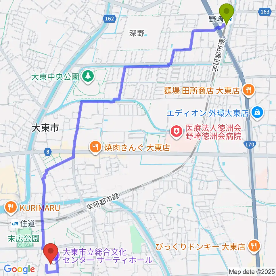 野崎駅から大東市立文化ホール サーティホールへのルートマップ地図