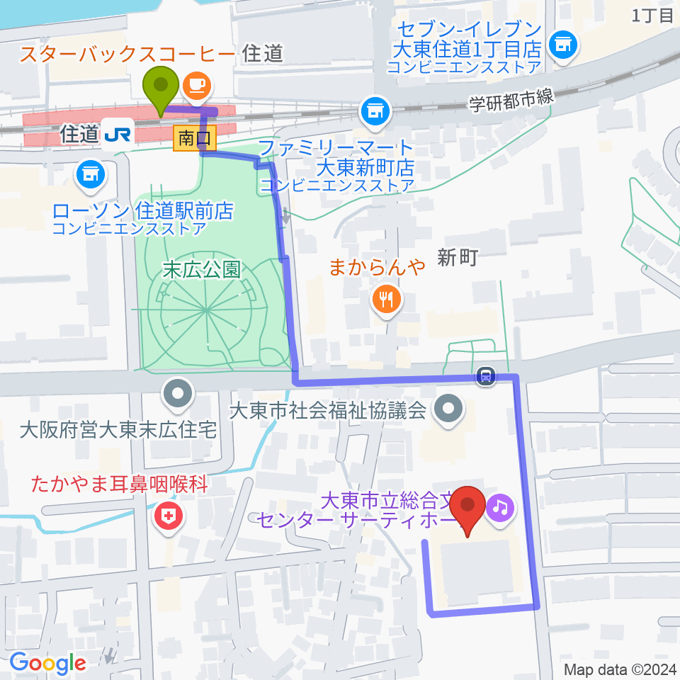 大東市立文化ホール サーティホールの最寄駅住道駅からの徒歩ルート（約6分）地図