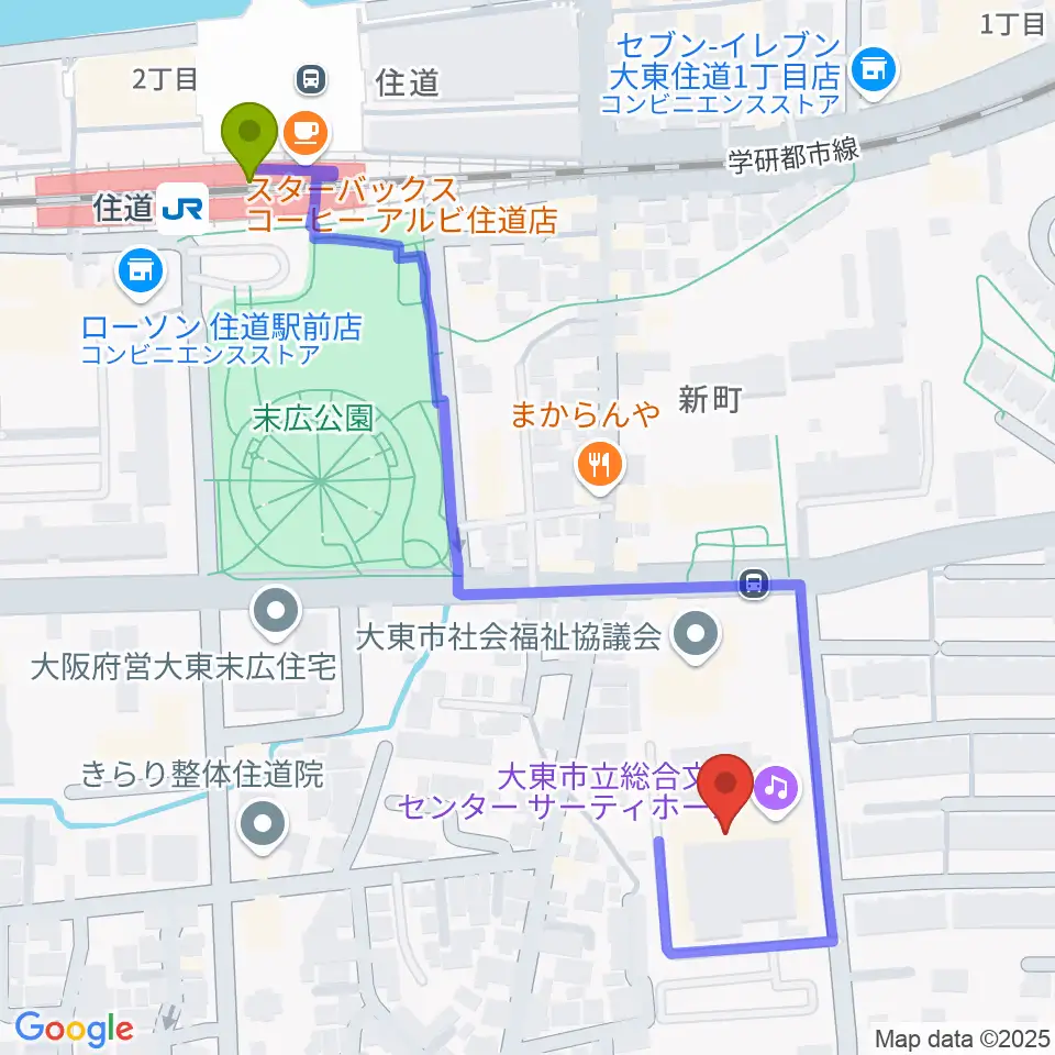 大東市立文化ホール サーティホールの最寄駅住道駅からの徒歩ルート（約6分）地図