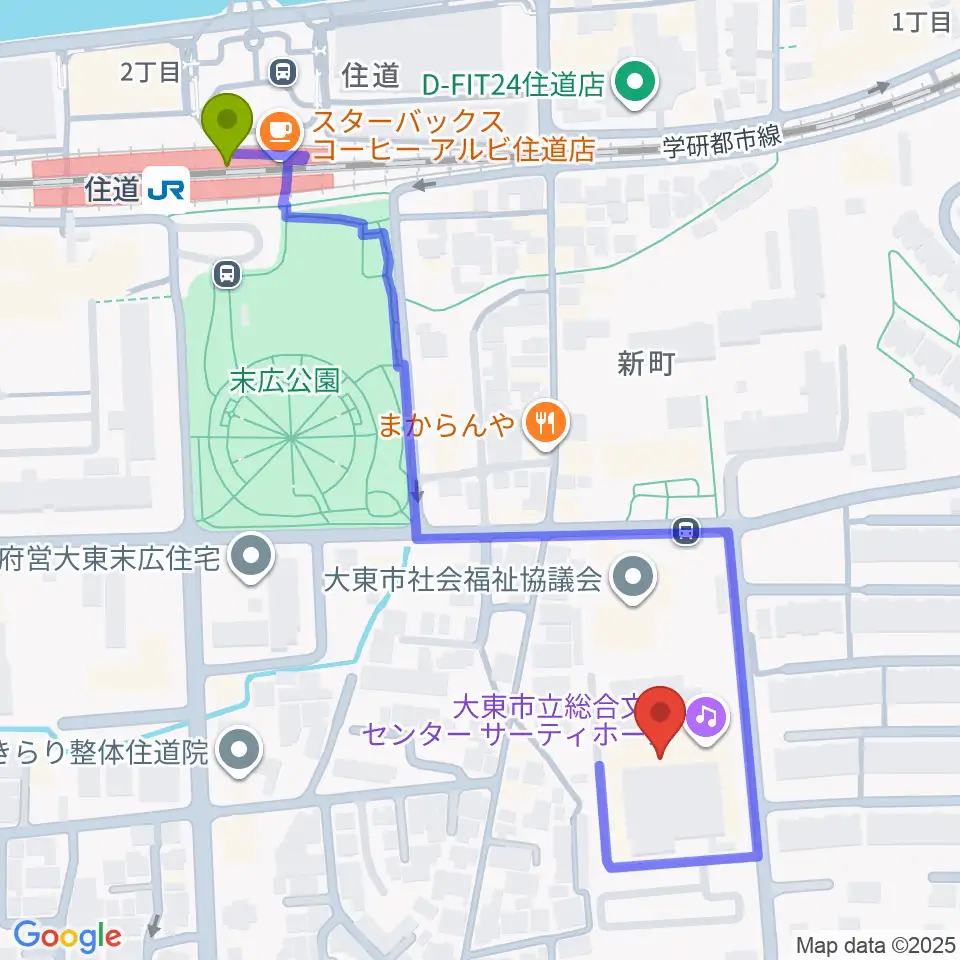 大東市立文化ホール サーティホールの最寄駅住道駅からの徒歩ルート（約6分）地図