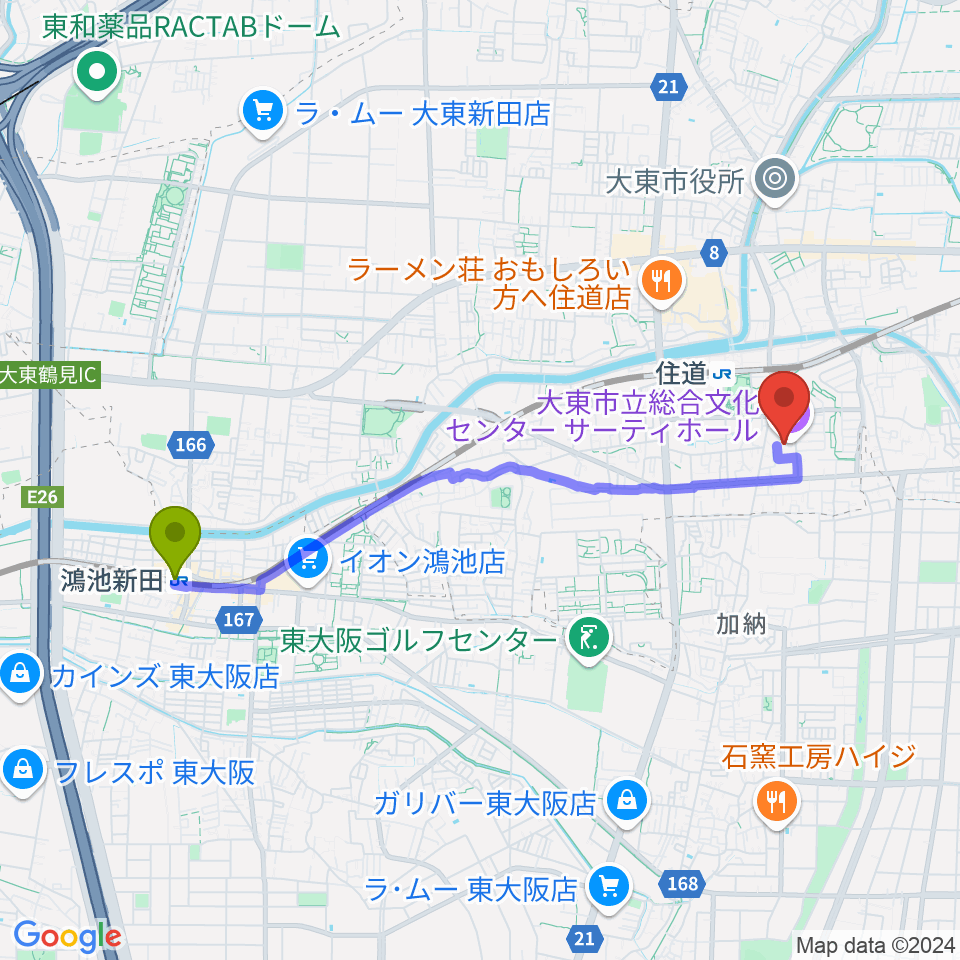 鴻池新田駅から大東市立文化ホール サーティホールへのルートマップ地図