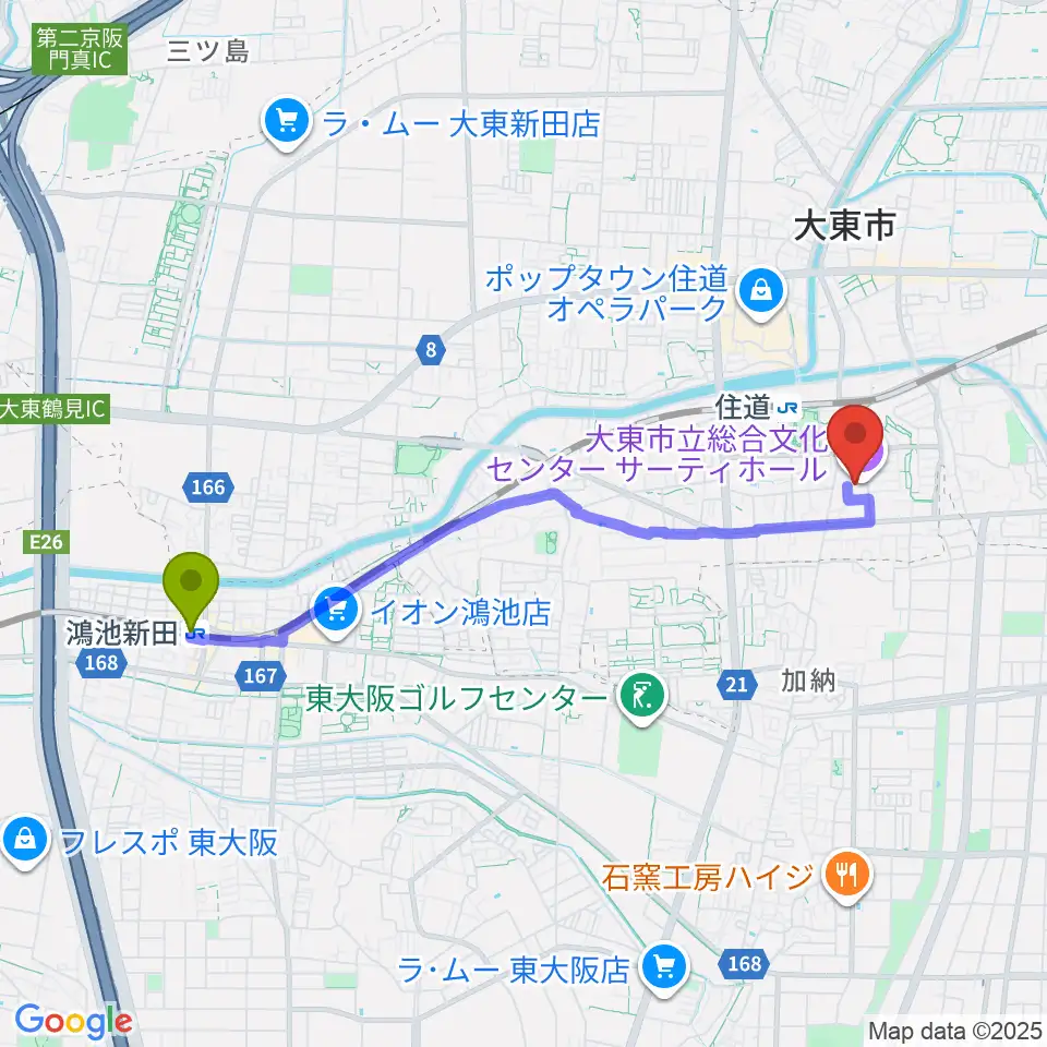鴻池新田駅から大東市立文化ホール サーティホールへのルートマップ地図