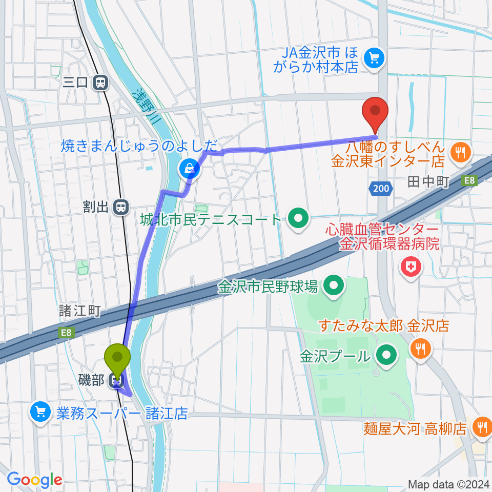 磯部駅から金沢NOEL fusionへのルートマップ地図