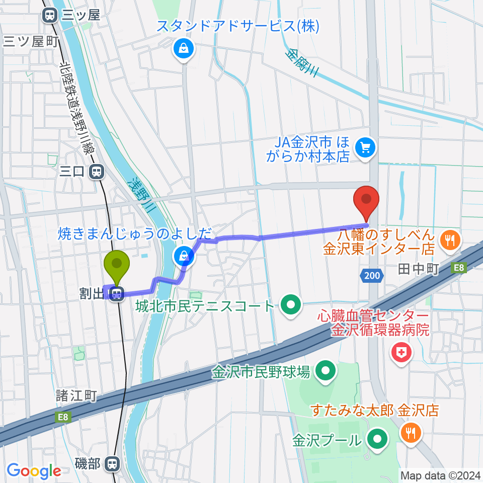 金沢NOEL fusionの最寄駅割出駅からの徒歩ルート（約16分）地図