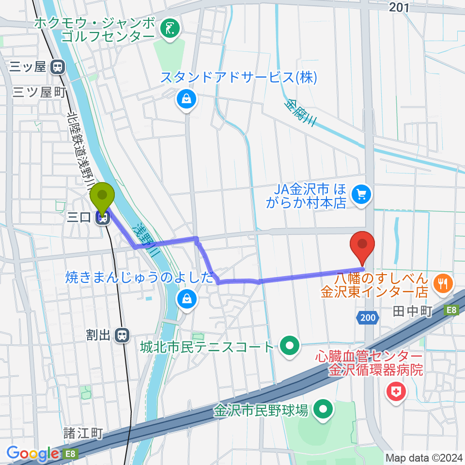 三口駅から金沢NOEL fusionへのルートマップ地図