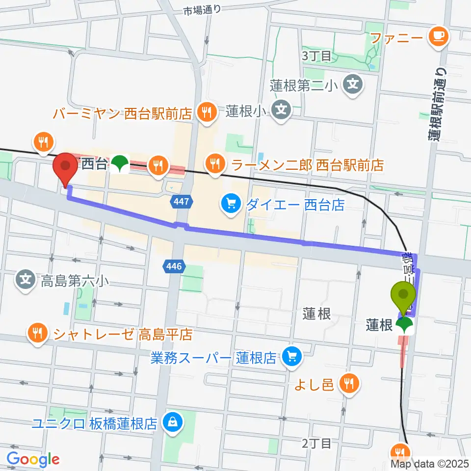 蓮根駅から音教学院へのルートマップ地図