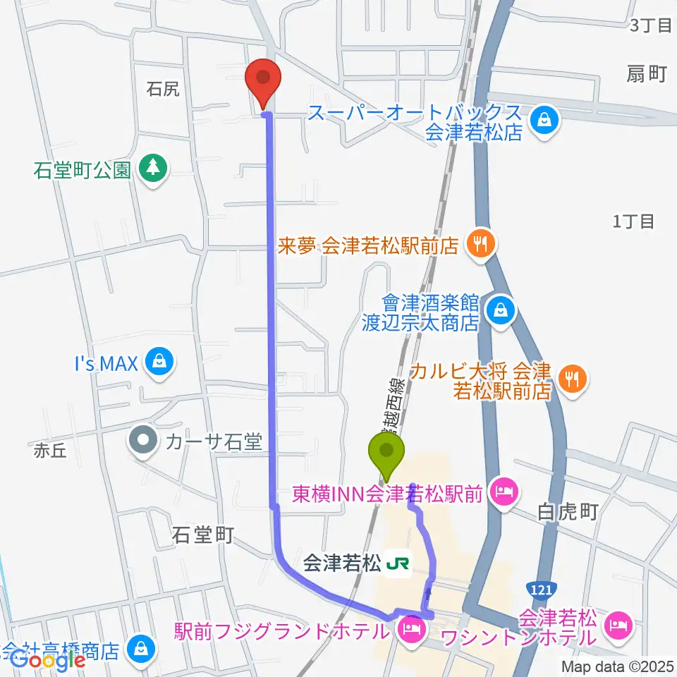 音楽教室ハミングの最寄駅会津若松駅からの徒歩ルート（約9分）地図