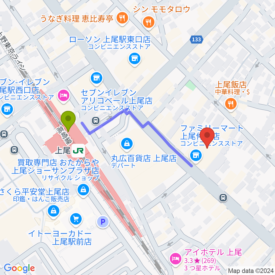 ワイワイミュージックスタジオの最寄駅上尾駅からの徒歩ルート（約4分）地図