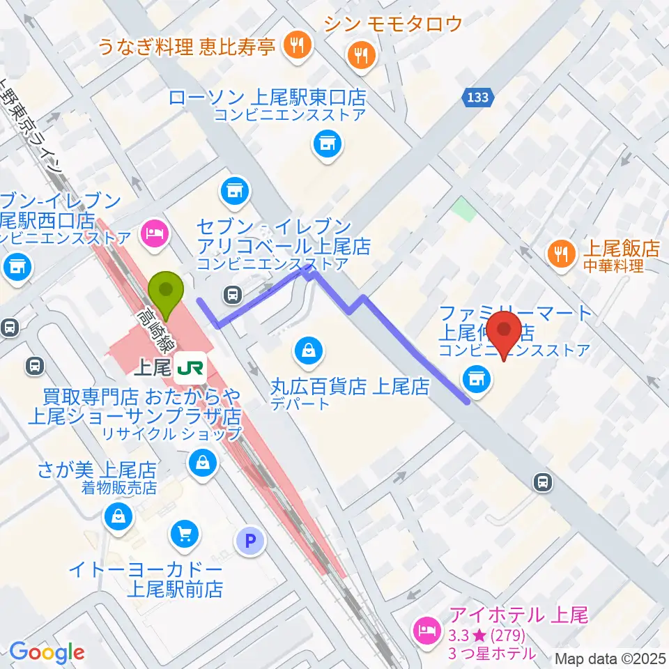 ワイワイミュージックスタジオ 上尾店の最寄駅上尾駅からの徒歩ルート（約4分）地図