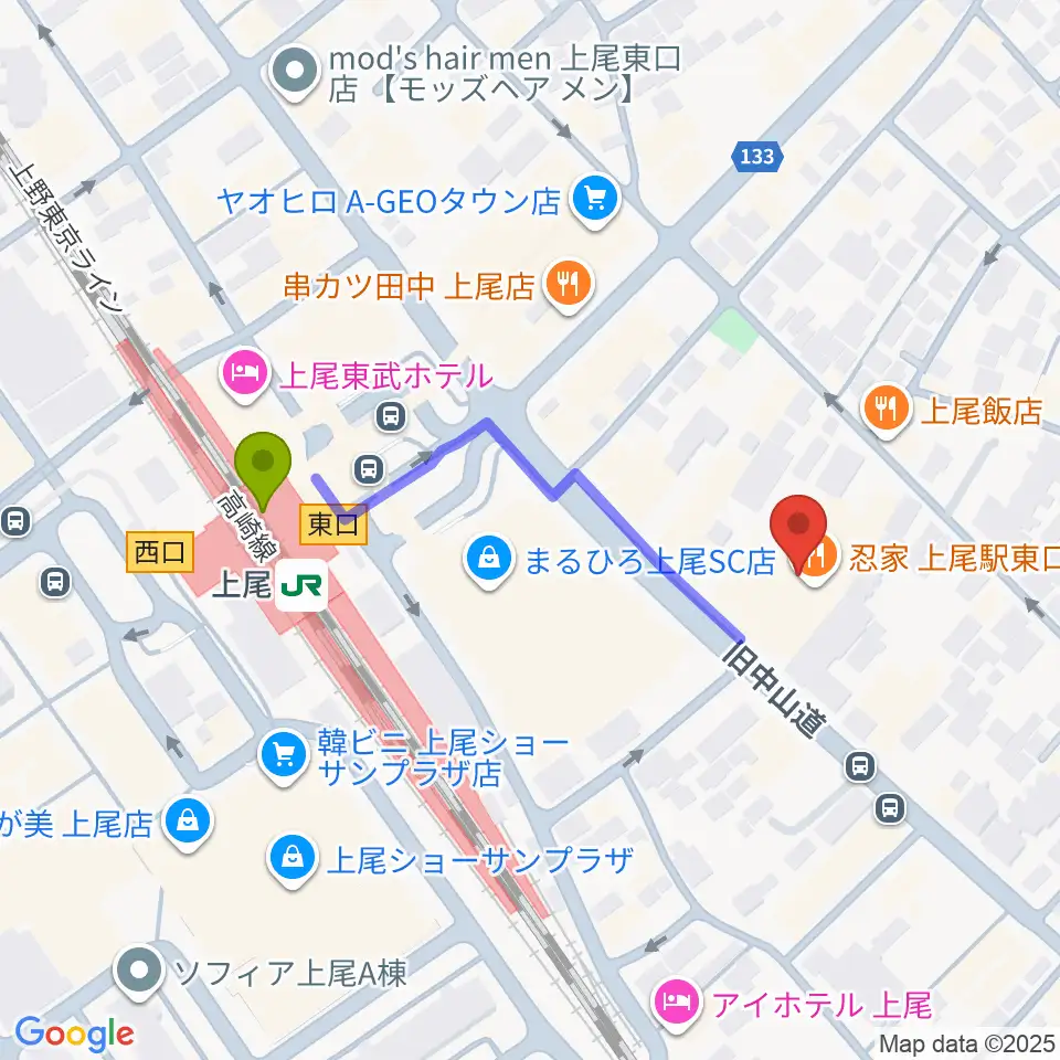 ワイワイミュージックスタジオ 上尾店の最寄駅上尾駅からの徒歩ルート（約4分）地図