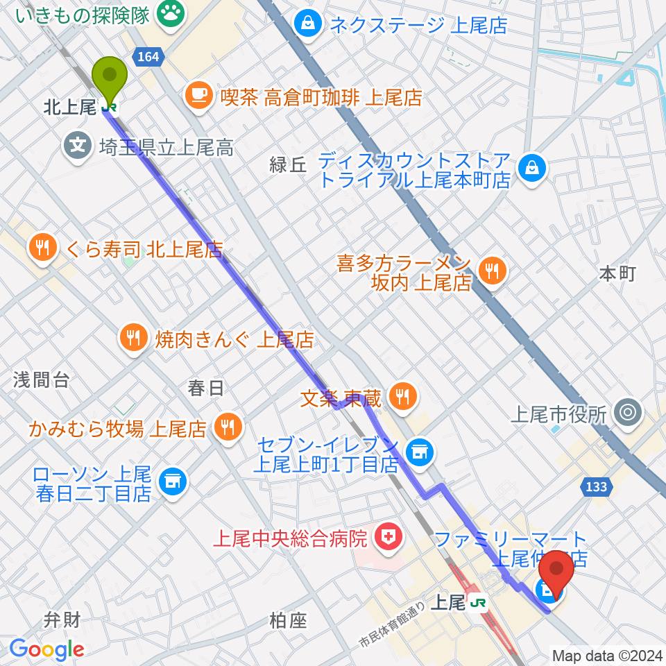 北上尾駅からワイワイミュージックスタジオ 上尾店へのルートマップ地図