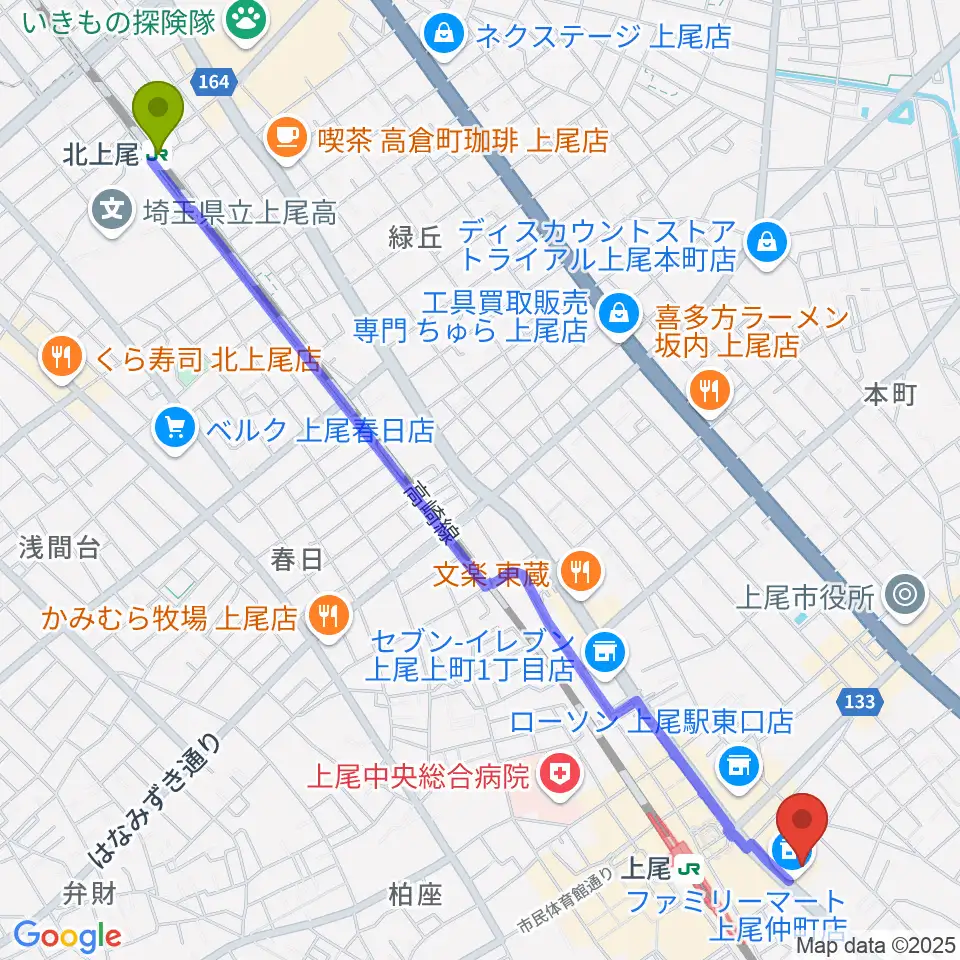 北上尾駅からワイワイミュージックスタジオ 上尾店へのルートマップ地図