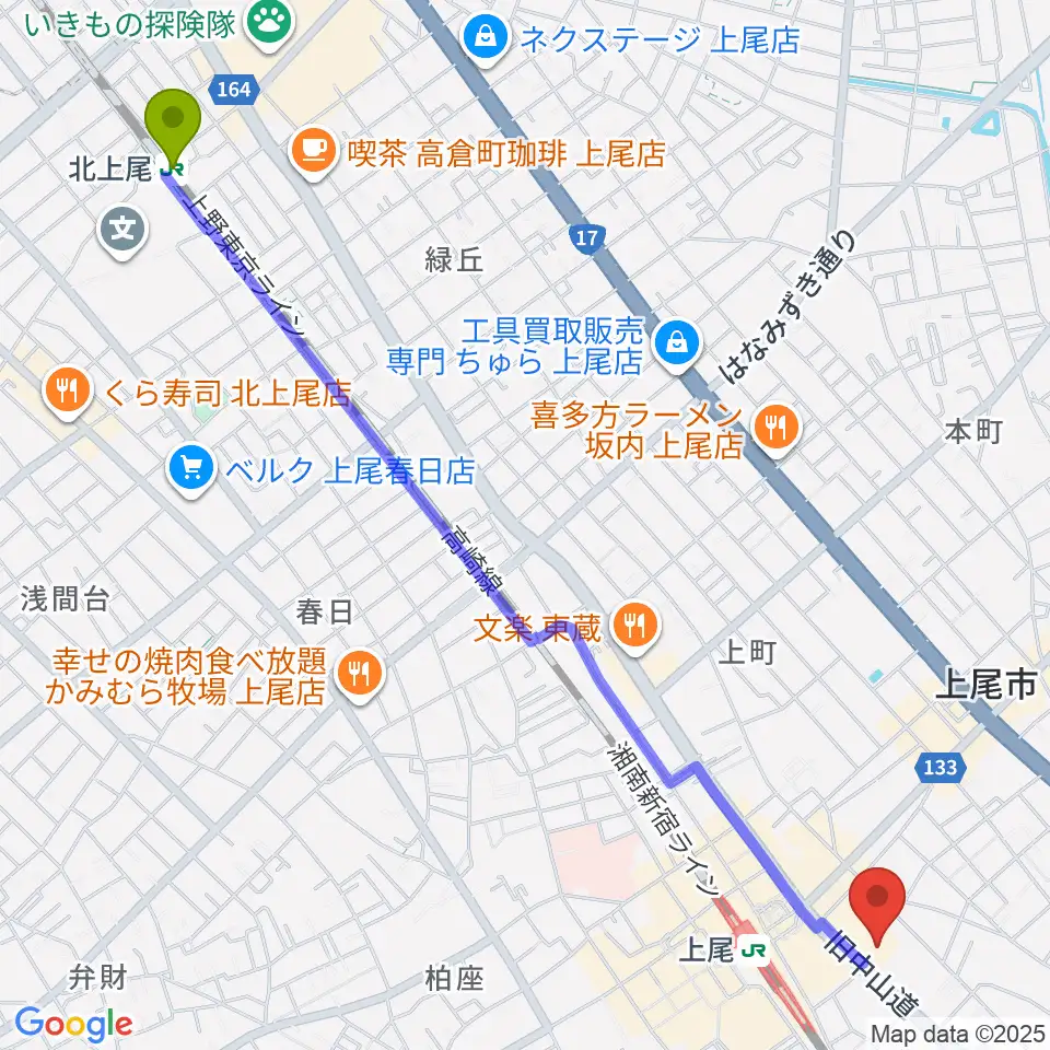 北上尾駅からワイワイミュージックスタジオ 上尾店へのルートマップ地図